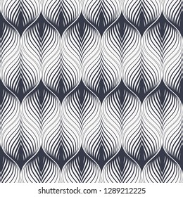 Geometric vector pattern, repeating tile texture decumbent scale of fish or fish squama shapes or leaves petal motif, single color with dark blue and white. Pattern is clean usable for wallpaper
