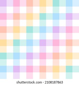 Geometric vector pattern for spring summer. Colorful pastel gingham tartan check plaid in purple, orange, green, yellow, white for gift paper, tablecloth, picnic blanket, other Easter holiday design.
