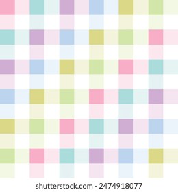 Geometric vector pattern for spring summer. Colourful pastel gingham tartan check plaid in purple, orange, green, yellow, white for gift paper, tablecloth, picnic blanket, other Easter holiday design