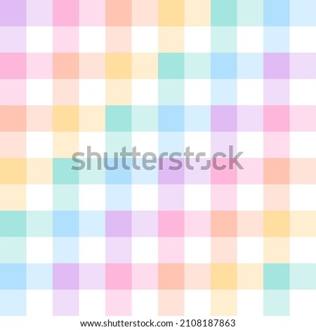 Geometric vector pattern for spring summer. Colorful pastel gingham tartan check plaid in purple, orange, green, yellow, white for gift paper, tablecloth, picnic blanket, other Easter holiday design.