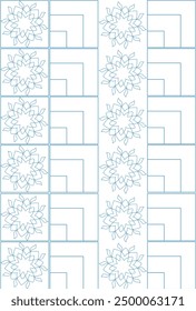 geometric vector pattern, squares, circles, floral theme, in blue and white style.