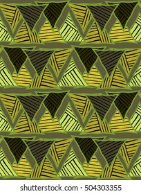 Geometric vector pattern with triangles.Triangles striped green shades.Hand drawn with ink seamless background.Creative handmade repainting design for fabric or textile.Vintage retro colors