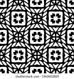  Geometric vector pattern with triangular elements. Seamless abstract ornament for wallpapers and backgrounds. Black and white colors.