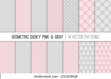 Geometric Vector Patterns in Dusky Pink and Gray. Pastel Color Chevron, Polka Dots, Stripes, Triangles and Herringbone Prints. Repeating Pattern Tile Swatches Included.