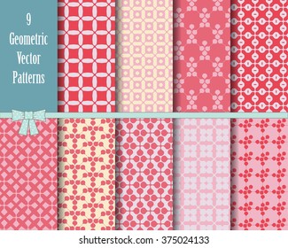 Geometric vector patterns set. Nine seamless colorful patterns with squares, rounds, lines and drops. Seamless patterns of red, beige and pink colors.

