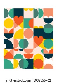 Geometric vector poster print in 18x24 format - 60's and 70's mid-century modern pattern with circles, hearts and abstract shapes. Retro style cool artwork background in red, green and yellow