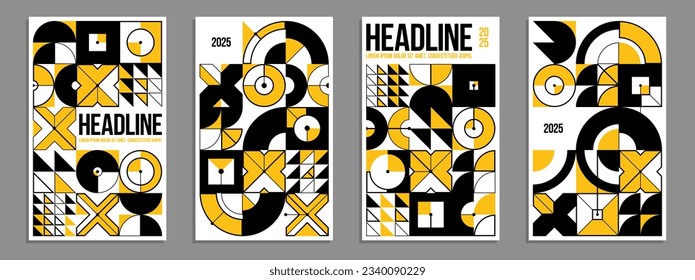 Geometrische Vektorplakate und -decke im Bauhaus-Stil, Layout für Werbeblätter, technische Formen in Form von Maschinen, Broschüren oder Buchcover.