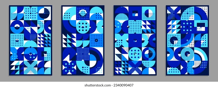 Afiches y portadas vectoriales geométricos al estilo Bauhaus, disposición para la hoja de anuncios, folleto o portada de libros, patrón retro 70s.