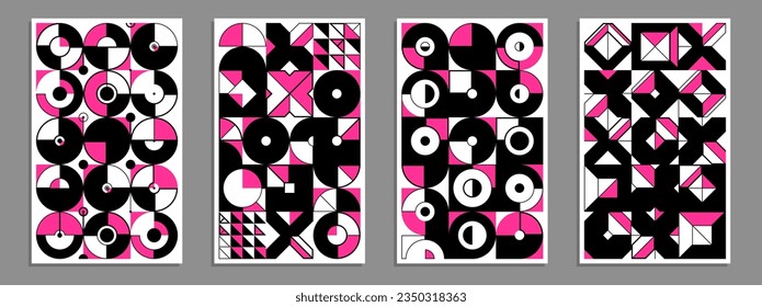 Geometric vector posters and covers in Bauhaus style, layout for advertisement sheet, tech engineering style shapes mechanical, brochure or book cover.