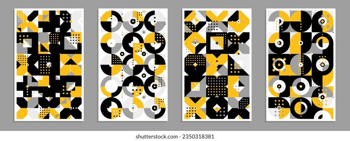 Geometric vector posters and covers in Bauhaus style, layout for advertisement sheet, brochure or book cover, retro 70s modernism style pattern.