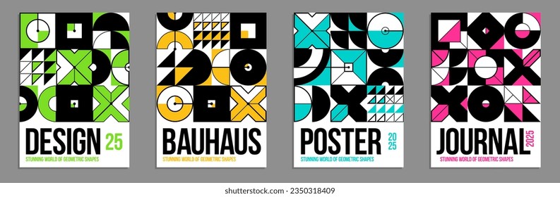 Geometric vector posters and covers in Bauhaus style, layout for advertisement sheet, tech engineering style shapes mechanical, brochure or book cover.