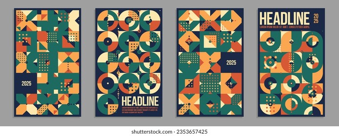 Afiches y cubiertas vectoriales geométricos al estilo Bauhaus, disposición para la hoja de anuncios, folleto o portada de libros, patrón retro 70s en colores nativos de cerámica.