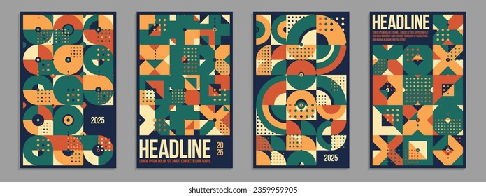 Geometrische Vektorplakate und -decke im Bauhaus-Stil, Layout für Werbeblätter, Broschüren oder Buchumschlag, Retro-70er-Muster in nativen Keramikfarben.