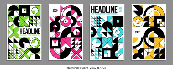 Geometric vector posters and covers in Bauhaus style, layout for advertisement sheet, tech engineering style shapes mechanical, brochure or book cover.