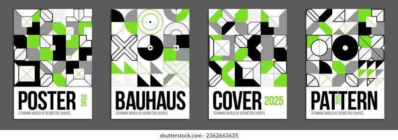 Geometric vector posters and covers in Bauhaus style, layout for advertisement sheet, tech engineering style shapes mechanical, brochure or book cover.