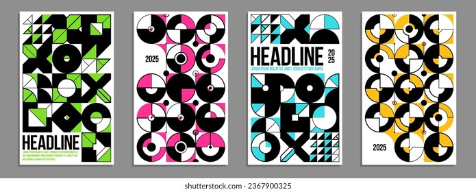 Afiches y cubiertas vectoriales geométricos al estilo Bauhaus, disposición para hoja publicitaria, formas de estilo de ingeniería tecnológica mecánicas, folletos o portada de libros.