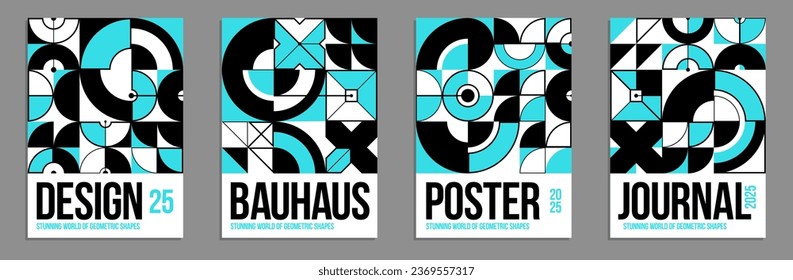 Afiches y cubiertas vectoriales geométricos al estilo Bauhaus, disposición para hoja publicitaria, formas de estilo de ingeniería tecnológica mecánicas, folletos o portada de libros.