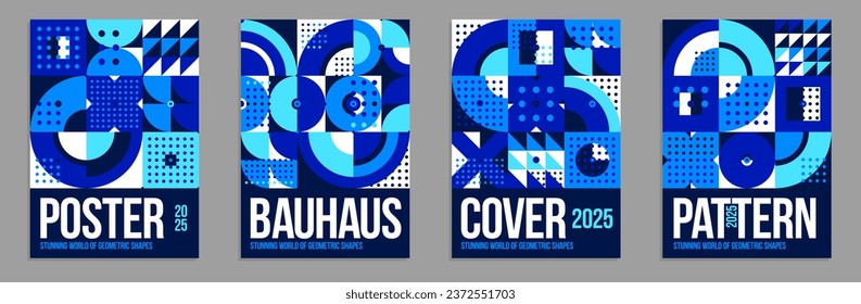 Geometric vector posters and covers in Bauhaus style, layout for advertisement sheet, brochure or book cover, retro 70s pattern.