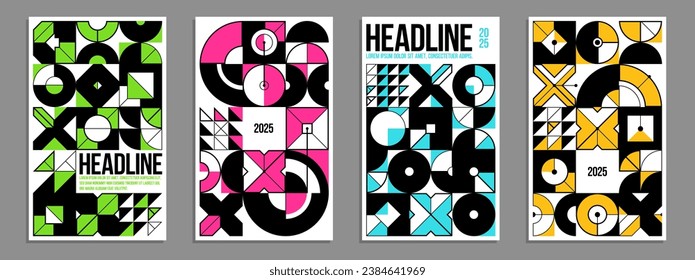 Geometric vector posters and covers in Bauhaus style, layout for advertisement sheet, tech engineering style shapes mechanical, brochure or book cover.