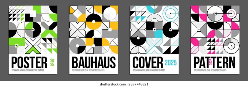 Afiches y cubiertas vectoriales geométricos al estilo Bauhaus, disposición para hoja publicitaria, formas de estilo de ingeniería tecnológica mecánicas, folletos o portada de libros.