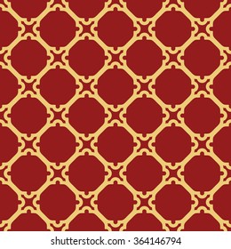 Geometric vector red ornament with golden elements. Seamless pattern for wallpapers and backgrounds