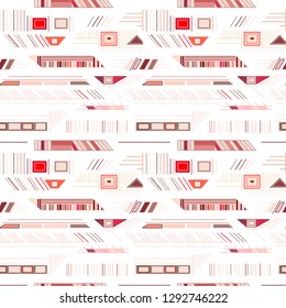Geometric vector red seamless pattern with different geometrical forms. Square, triangle, rectangle, lines. Modern techno design. Abstract background. Graphic black and white Illustration