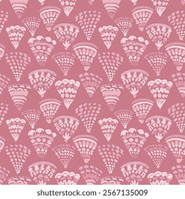 Geometric vector repeat pattern with tonal dusty rose pink hand drawn scallops. Elegant abstract coastal, interior decor background, feminine geo all over backdrop with fan shapes in shades of pink.