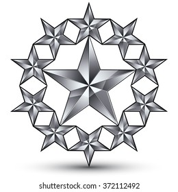 Geometric vector rounded silver element isolated on white backdrop, 3d gray decorative stars, silvery blazon.