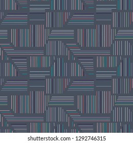 Geometric vector seamless dark blue  pattern with different geometrical lined forms. Striped square, triangle, rectangle. Modern techno minimal design. Abstract background. Graphic Illustration