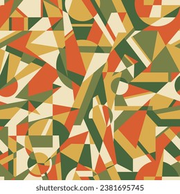 Geometric vector seamless pattern. Abstract repeated background with whimsical shapes, distorted circles, triangles, diamonds. Autumn color palette. Trendy design for fashion textile, wallpaper