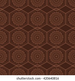 The geometric vector seamless pattern chocolate color composed of hexagons for use in the packaging or textile design