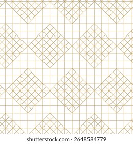 Geometric vector seamless pattern with crossed lines, triangles, squares abstract background. Simple minimalistic gold and white design. Single color, gold and white.