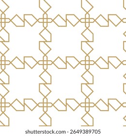 Geometric vector seamless pattern with crossed lines, triangles, squares abstract background. Simple minimalistic gold and white design. Single color, gold and white.
