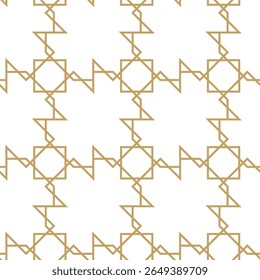 Geometric vector seamless pattern with crossed lines, triangles, squares abstract background. Simple minimalistic gold and white design. Single color, gold and white.