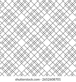 Geometric vector seamless pattern with crossed lines, triangles, squares abstract background. Simple minimalistic black and white design. Single color, black and white.
