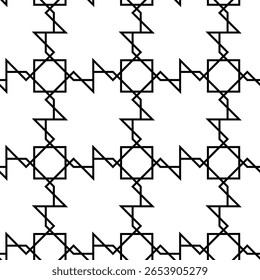 Geometric vector seamless pattern with crossed lines, triangles, squares abstract background. Simple minimalistic black and white design. Single color, black and white.