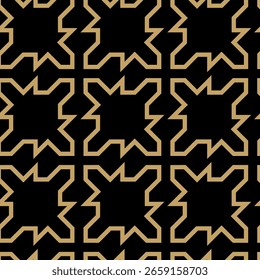 Geometric vector seamless pattern with crossed lines, triangles, squares abstract background. Simple minimalistic black and gold design. Single color, black and gold.