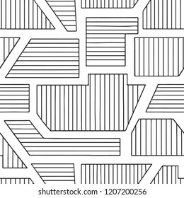 Geometric vector seamless pattern with different geometrical forms. Striped square, triangle, rectangle. Modern techno minimal design. Abstract background. Graphic black and white Illustration