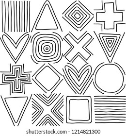 Geometric vector seamless pattern with different geometrical hand drawn forms. Square, triangle, rectangle, dots, circles. Modern techno design. Abstract background. Graphic black  white Illustration