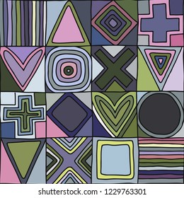 Geometric vector seamless pattern with different geometrical hand drawn forms. Square, triangle, rectangle, dots, circles. Modern techno design. Abstract background. Graphic colorful Illustration