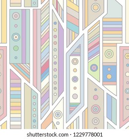 Geometric vector seamless pattern with different geometrical forms. Square, triangle, rectangle, lines. Modern techno design. Abstract background. Graphic colorful Illustration
