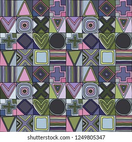Geometric vector seamless pattern with different geometrical hand drawn forms. Square, triangle, rectangle, dots, circles. Modern techno design. Abstract background. Graphic colorful Illustration