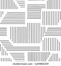 Geometric vector seamless pattern with different geometrical forms. Striped square, triangle, rectangle. Modern techno minimal design. Abstract background. Graphic black and white Illustration