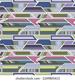 Geometric vector seamless pattern with different geometrical forms. Square, triangle, rectangle, lines. Modern techno design. Abstract background. Graphic colorful Illustration