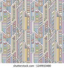 Geometric vector seamless pattern with different geometrical forms. Square, triangle, rectangle, lines. Modern techno design. Abstract background. Graphic colorful Illustration