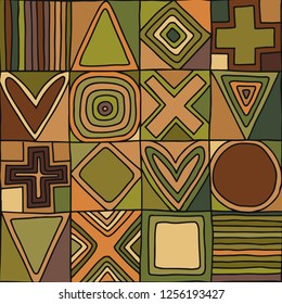 Geometric vector seamless pattern with different geometrical hand drawn forms. Square, triangle, rectangle, dots, circles. Modern techno design Abstract brown background. Graphic colorful Illustration