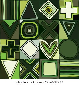 Geometric vector seamless pattern with different geometrical hand drawn forms. Square, triangle, rectangle, dots, circles. Modern techno design Abstract green background. Graphic colorful Illustration