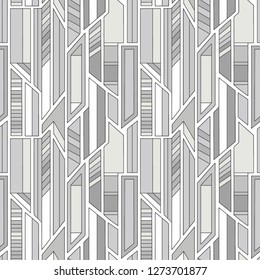 Geometric vector seamless pattern with different geometrical forms. Square, triangle, rectangle, lines. Modern techno design. Abstract background. Graphic black and white Illustration