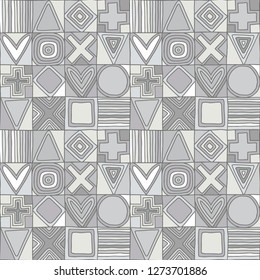 Geometric vector seamless pattern with different geometrical hand drawn forms. Square, triangle, rectangle, dots, circles. Modern techno design Abstract grey background. Graphic colorful Illustration