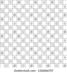 Geometric vector seamless pattern with different geometrical hand drawn forms. Square, triangle, rectangle, dots, circles, hearts, flowers. Graphic design. Abstract background black white Illustration